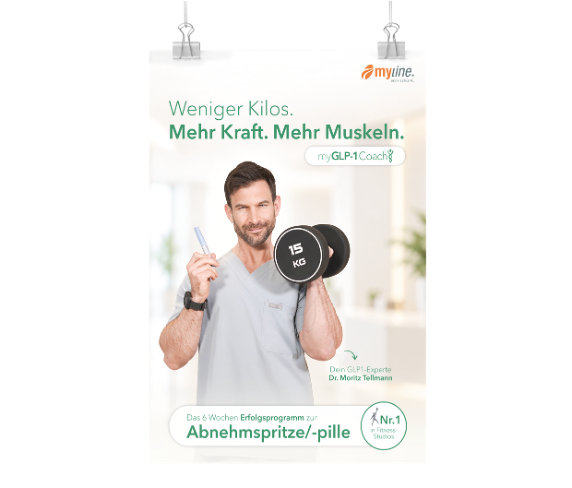 myGLP-1 Coach Plakat: Weniger Kilos. Mehr Kraft. Mehr Muskeln.