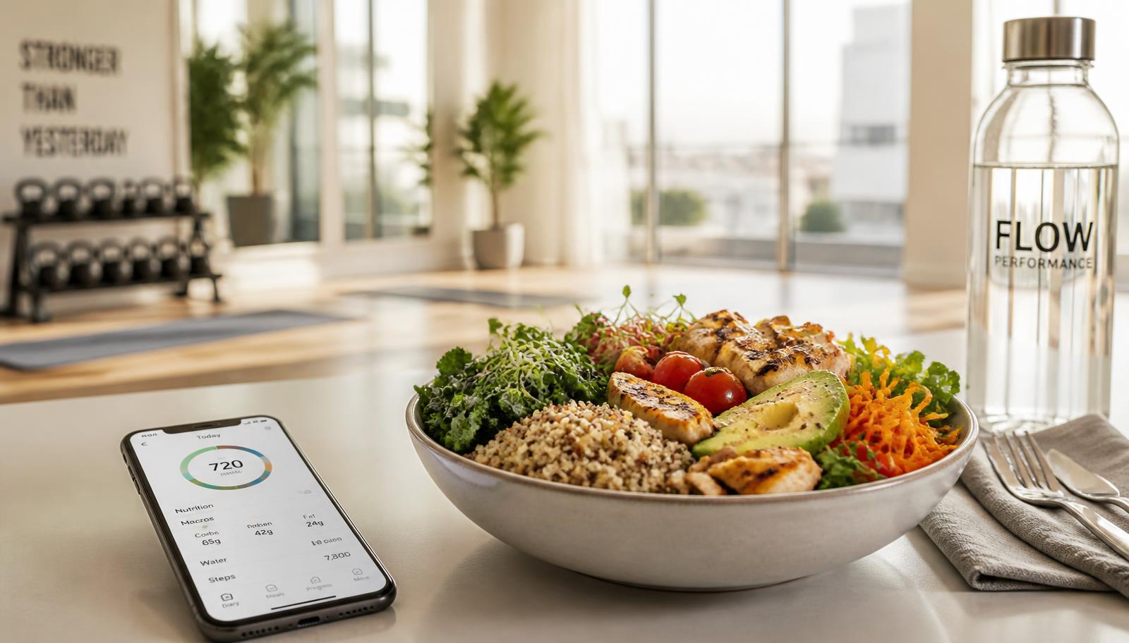 Gesunde Mahlzeit neben Smartphone mit Ernährungs-App in einer modernen Fitness- und Gesundheitsanlage